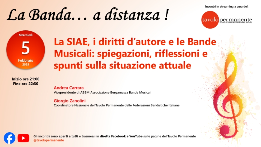 SI PARLA DI SIAE, DIRITTI D&#039;AUTORE, RELATIVE PROBLEMATICHE E BANDE MUSICALI A &quot;LA BANDA... A DISTANZA!&quot;